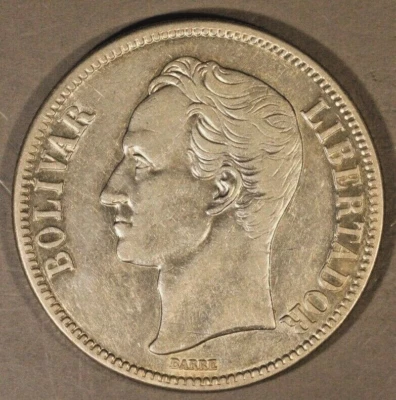 1929 Venezuela 5 Bolivares Silver Higher Grade Example  - Image 1 of 2