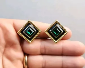 Swarvski Clip-on Earrings Green Crystal Gold-tone Swan Signed Estate Jewelry - Picture 1 of 4