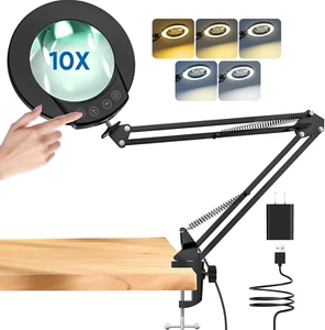 10X Magnifying Glass with Light and Clamp, Real Glass Lighted Magnifier with 5 C - Picture 1 of 12