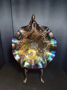 Antique Dogwood Flower Amethyst Carnival Glass Ruffled Bowl w/ Ruffled Pedestal - Picture 1 of 5