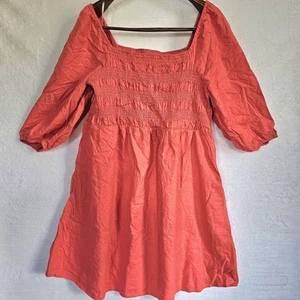 Women's Maternity Puff Elbow Sleeve Smocked Linen Blend Coral Mini Dress XXL - Picture 1 of 10