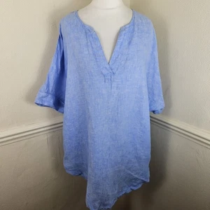 Marks & Spencer Pure 100 Linen Blue Popover Blouse Top UK 14 Relaxed - Picture 1 of 13