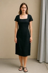 Vintage St. Gillian schwarz Leinen Midikleid Damengröße 6 quadratischer Ausschnitt Büro  - Bild 1 von 7