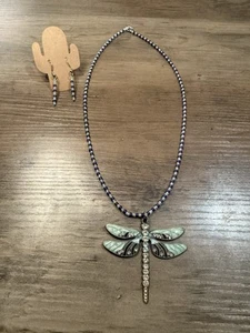 20” Handmade Necklace Earrings Howlite Heishi Seed Beads Dragonfly Pendant New - Picture 1 of 4