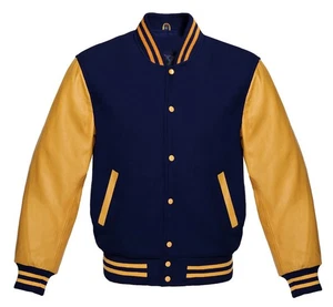 Varsity Letterman Navy Wool & Real Gold Cowhide Leather Sleeves Bomber Jacket - Bild 1 von 3