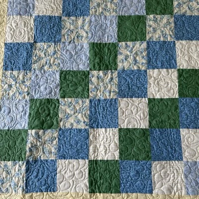 Handmade Crib Baby Lap Patchwork Quilt Blanket Yellow Green Blue 39”x39” - Image 1 of 4