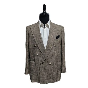 Vtg Meeting Street Raw Silk Blazer Men 42R Double Breasted Coat Tweed Plaid Chek - Picture 1 of 15