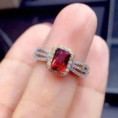 Lab-Created Red Ruby 3CT Emerald Cut Halo Engagement Ring 14K White Gold Plated - Image 1 of 4