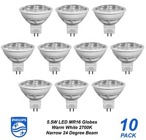 10x Philips 5.5W LED Downlight Globes Bulbs 12V MR16 Warm White Narrow Beam USED