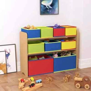 Childrens Storage Shelf Kids Bookshelf Rack w/ 9 Toy Organizer Boxes Playroom UK - Picture 1 of 7