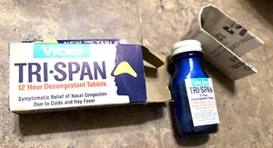 RARE VINTAGE NEW VICKS TRI-SPAN 12 HOUR DECONGESTANT TABLETS GLASS BOTTLE - Picture 1 of 7