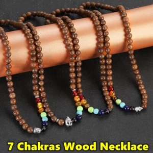 8mm Natural Wood 7 Chakra Healing Pendant Necklace Women Men Bracelet Jewelry - Picture 1 of 26
