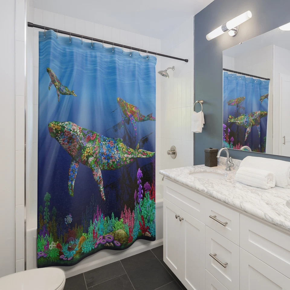 Whales and Ocean Shower curtain with artwork by David E Paul - Image 1 of 1
