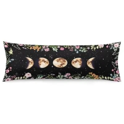 Funda de almohada corporal fases lunares fase lunar iluminada estrella noche boho flores negra Foto 1 de 4