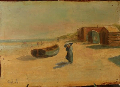 Vidal, peintre à identifier, scène de plage, huile sur panneau, début XXe - Photo 1/3