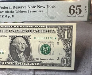 1999 $1 Federal Reserve Note PMG 65 EPQ fancy near solid serial number 11111181 - Picture 1 of 7