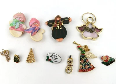 Christmas Holiday Lot of 10 Brooch Pins  Trees Santa Angels Snowman  Gift ++ - Image 1 of 4