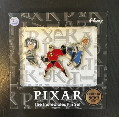 Disney Pixar Increíbles Caja Pin Set 3 Pines Rosa A La Mode PALM LE 500 Pin Set Foto 1 de 4