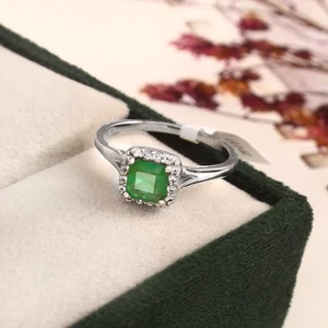 Real Emerald Halo Diamond Ring 925 Sterling Silver Engagement Women Jewelry Gift - Picture 1 of 14