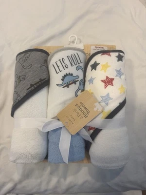 Paquete de 3 toallas con capucha modernas para bebé Safari Pals, blancas, grises y amarillas nuevas. A2 Foto 1 de 3