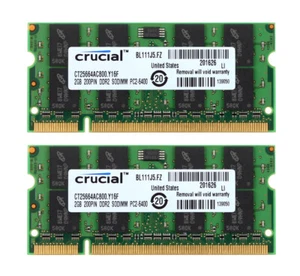 Crucial 4GB DDR2 RAM 2X 2GB PC2-6400 800MHz 200pin CL6 Sodimm Laptop Memory 4 G - Picture 1 of 11
