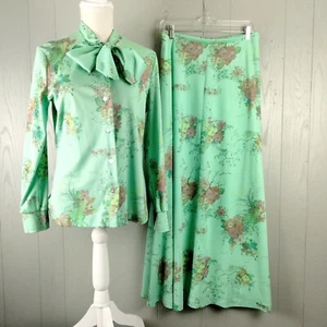 Vintage 70s Top & Skirt Set Green Pussy Bow Floral Maxi Large 2pc Party MOD - Picture 1 of 16