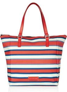 NWT MARC BY MARC JACOBS Take Me Jacobson Coral Red Striped PVC/Leather Tote Bag - Picture 1 of 12
