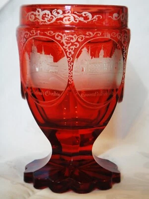 Mid 19th Century German Engraved Scenes Ruby Stained Cut Glass Goblet - Image 1 of 4