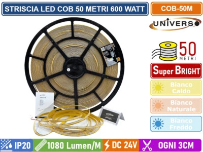 STRISCIA LED SMD COB BOBINA DA 50 METRI 12W/M 24V MONOCOLORE 600W 54000 LM IP20 - Immagine 1 di 3