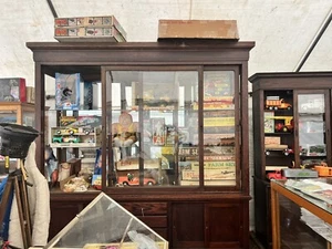 vintage antique oak country store display cabinet 94” L x 25” D x 97” H - 2 door - Picture 1 of 13