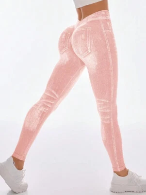 Mujeres V Espalda Denim Estampado Fitness Leggings Scrunch Levantamiento de Glúteos Bajo Corte en V Pantalones de Yoga Foto 1 de 4