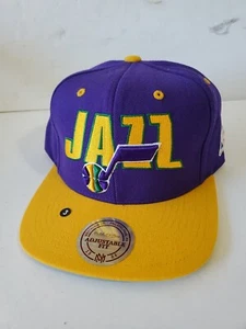 Utah Jazz Hat Cap Snapback Mens Purple Yellow Brim Spellout Logo Mitchell Ness - Picture 1 of 12