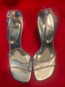 Valerie Stevens Lucite 2 Silver Rhinestones High Heels Ankle Strap Shoes US 7M - Picture 1 of 8