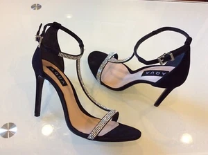 Nuevas sandalias Aqua para mujer de gamuza negra con cristales de tacón alto con tiras talla 7,5 - Imagen 1 de 9