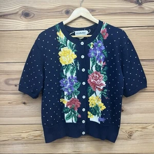 Vintage Sweater Large Cottagecore SS Button Up Blue Floral JH Collectibles B13 - Picture 1 of 14