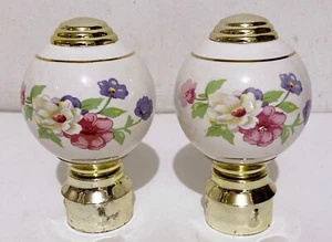 Pair Vintage Bed Post Finials Porcelain Brass Lot of 2 Floral Design Flowers - Picture 1 of 5
