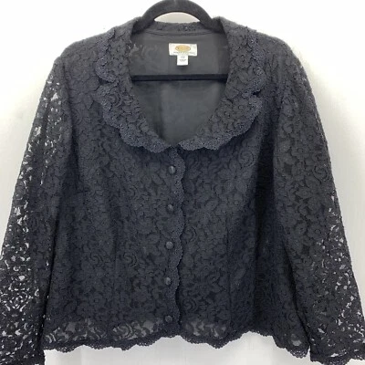 Cardigã Talbots 16WP Blusa Vintage Preto Sobreposição de Renda Cottage Core Feminino - Imagem 1 de 4