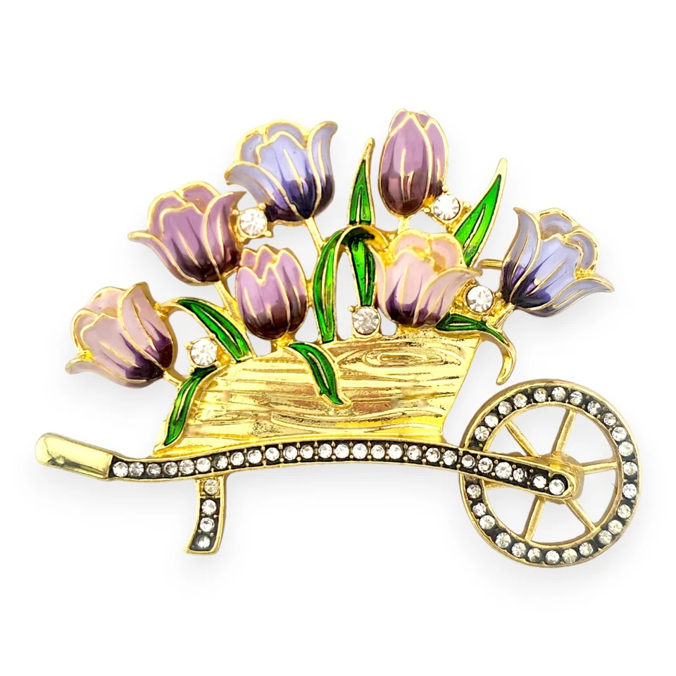 Broche broche carretilla carro flores estrás vintage Anne Klein esmalte púrpura Foto 1 de 4