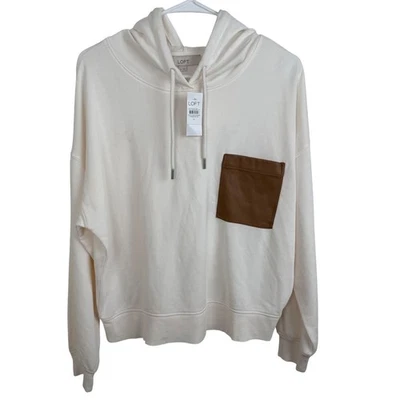 NWT LOFT Cream Hoodie Sweatshirt Brown Faux Leather Pocket Drawstring Pullover M - Image 1 of 4