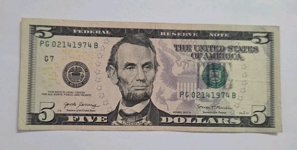 $5.00 Five Dollar Valentines Day Anniversary Birthday Note February 14, 1974 - Image 1 of 4