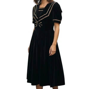 Gunne Sax Jessica McClintock abito in velluto nero marinaio vacanza Cottagecore S 5 - Foto 1 di 13