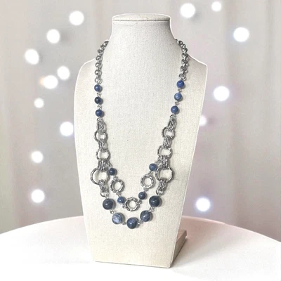 TALBOTS Silver Tone Blue Lapis Beaded Layered Necklace T251 - Image 1 of 4