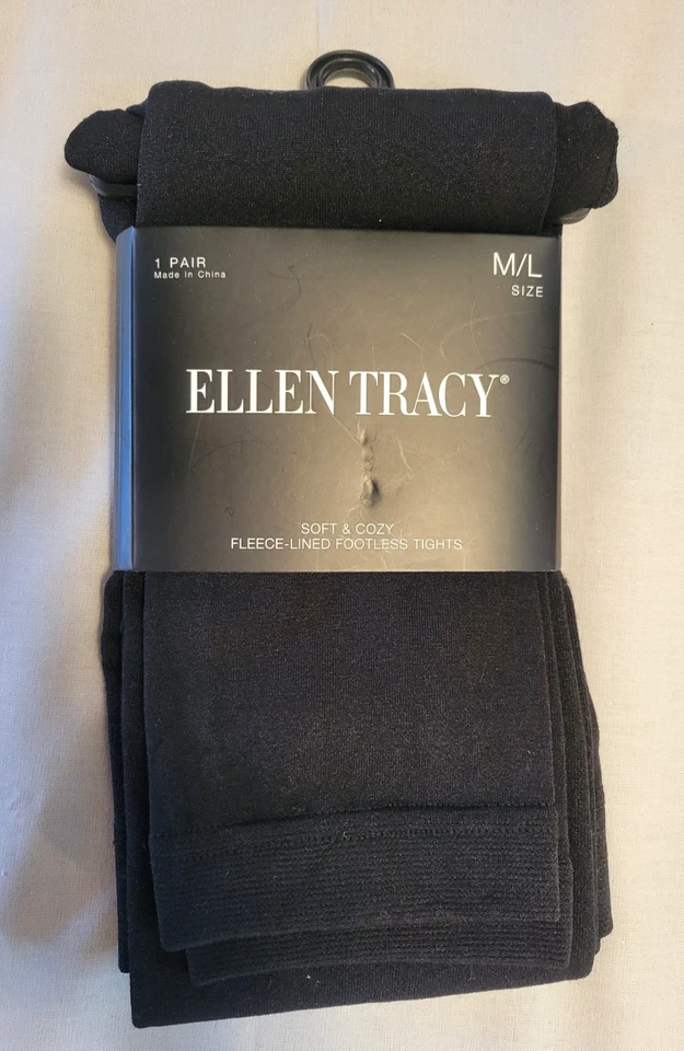 .Elllen Tracy Fleece-lined footless tights Size M/L 1 pair Jet Black New - Image 1 of 3