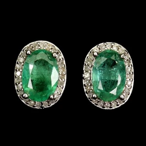 925 Sterling Silver Earrings Oval Emerald 6x4mm Diamond 64pcs Gemstone Jewelry - Picture 1 of 13