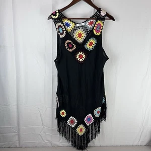 Fringed Crochet Size Med Granny Square Boho Festival Tunic Top - Picture 1 of 15