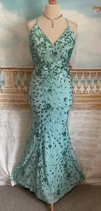 Dress 14 Green Sequin QUIZ Ballgown Fishtail Train Stretch Evening Crossback - Picture 1 of 9