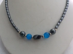 Hematite Gray Black Beaded With Blue Bead Necklace #O98 - Picture 1 of 6