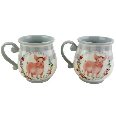 先锋女士格子灰色杯马克杯 2 件套粉色猪贴花乡村农场 15 盎司 — 第 1/4 张图片