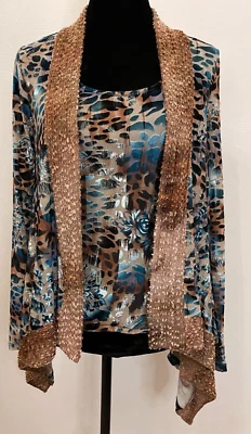 Alberto Makali Womens Cardigan Tank Top Set Size XS Ivory Teal Animal Print Knit - Image 1 of 4