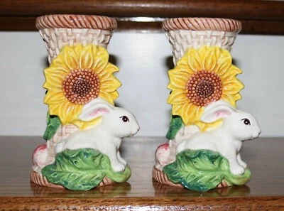 Set of 2 Bunny Banquet Bunny Rabbit w/ Sunflowers Candlesticks by The Strata Grp - Image 1 of 4